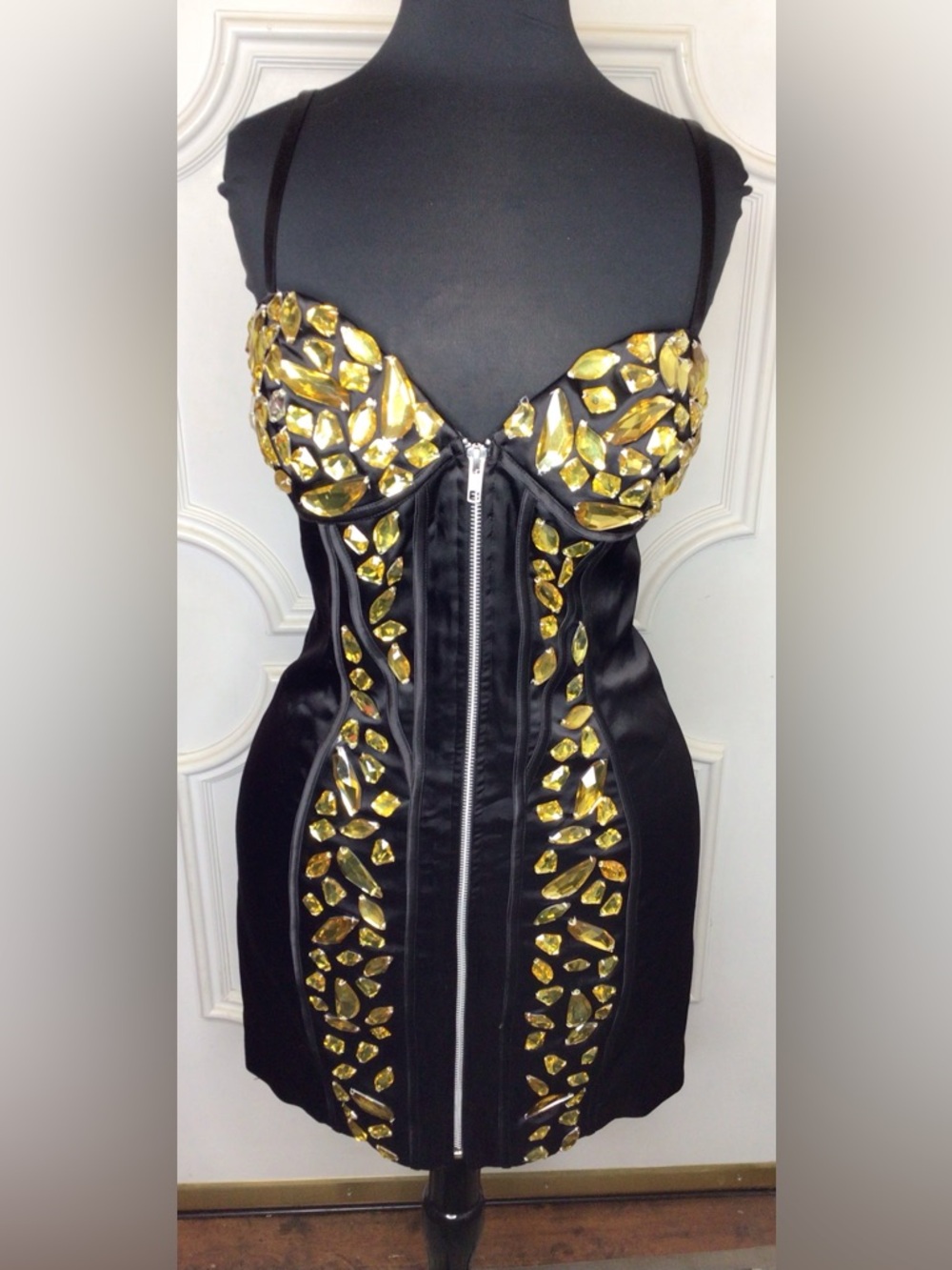 Sherri Hill Satin Corset Dress with Gold Gem Accents Size 8